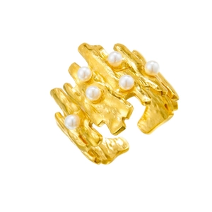 Irregular gold plated stainless steel open ring with six pearls and lava texture