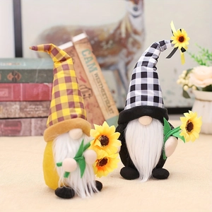 Spring sunflower gnome dolls with plaid hats and white beards for home decor