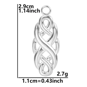 Macro shot of stainless steel Witch Knot charm with size dimensions and weight display