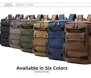 Detailed comparison of canvas backpacks in six colors with leather puller accents