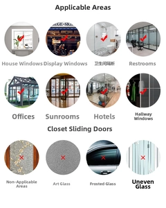 Guide showing suitable smooth glass surfaces and unsuitable textured glass for stickers