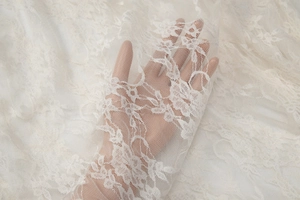 Detailed macro view of white floral lace fabric with intricate embroidery on soft mesh