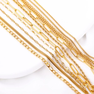 Detail showing 18k gold plated stainless steel chain styles including snake and paperclip link