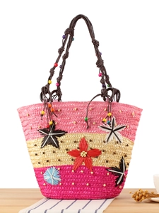 Sac Fourre-Tout En Paille Tissée À La Main Broderie Fleur Étoile Poignée Perlée Vacances À La Plage Été Pour Femmes