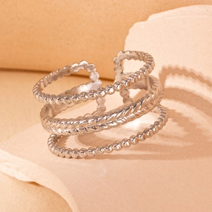Adjustable silver titanium steel multi-layer ring with textured leaf and bead patterns