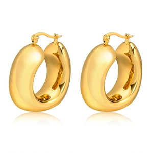 Polished hollow golden stainless steel geometric hoop earrings with a mirror reflection