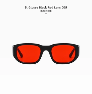 Detail view of model C05 square sunglasses with black frames and vibrant red lenses