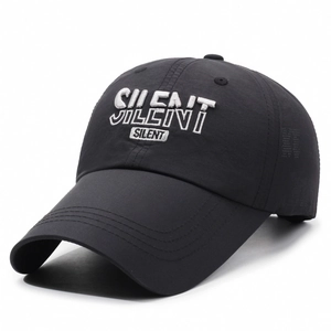 Quick-dry black baseball cap with white 3D embroidery on a minimalist white background