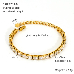 Detailed macro view of gold-plated stainless steel bracelet with rectangular zircon stones