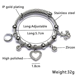 Bracelet ajustable en fil d'acier inoxydable avec breloques cœur et ancre