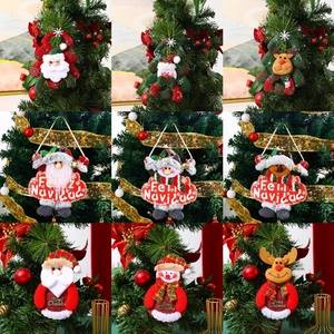 Christmas tree plush ornaments featuring Santa and Snowman in festive red and green fabric