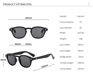 Detailed specs of round rivet sunglasses featuring a black PC frame and gray AC lenses