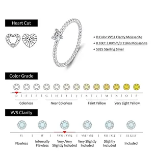 Elegant S925 silver heart cut moissanite ring featuring a unique beaded band design