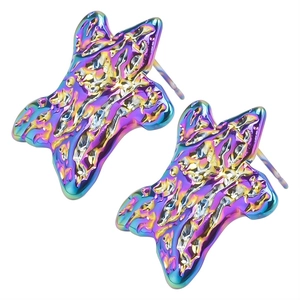 Detail of star-shaped 304 stainless steel earrings with iridescent lava texture finish