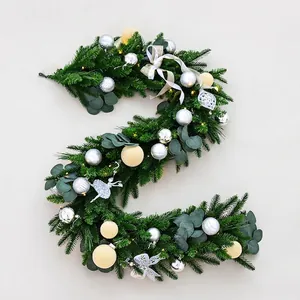 1.8m PE Christmas garland with LED lights, silver ornaments and white silk bows