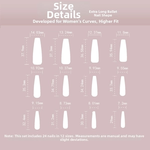 Detailed size chart for long coffin press-on nails showing lengths and widths for 12 sizes
