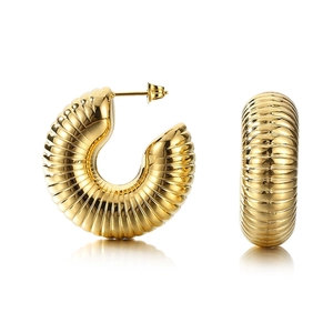 18K gold plated stainless steel croissant hoop earrings with a textured C-shape design