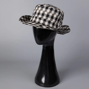 Vintage checkered linen flat top sun hat with wavy brim for women stylish summer travel