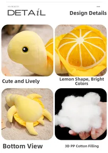Détails de la peluche tortue citron montrant le tissu doux et le rembourrage en coton