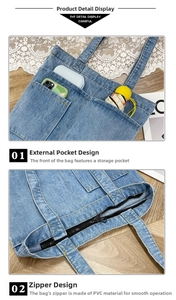 Dettaglio della borsa tote in denim con tasca frontale esterna e cerniera in PVC nero