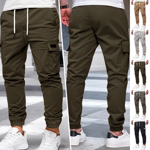 Mens cargo pants color selection showing elastic cuffs and drawstring multi-pocket design