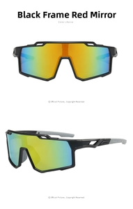 Detailed views of black sports sunglasses featuring red mercury coated lenses