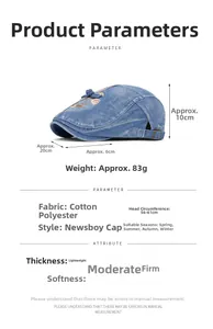 Detailansicht der Denim-Schirmmütze mit Blumenstickerei und Größentabelle Details