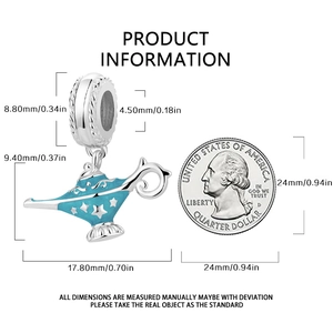 Detailed size comparison of blue enamel Aladdin lamp charm with a US quarter coin