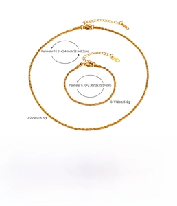 Detailed size specifications for gold stainless steel twist rope necklace and bracelet set