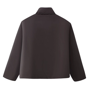 Back view of a sleek dark brown stand collar long sleeve jacket with smooth finish