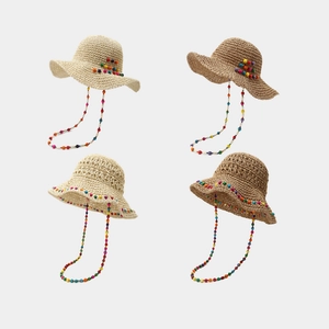 Bohemian Women Paper Straw Bucket Sun Hat Hollow Out Colorful Wood Beads Large Brim Summer Beach Vacation Wind Lanyard