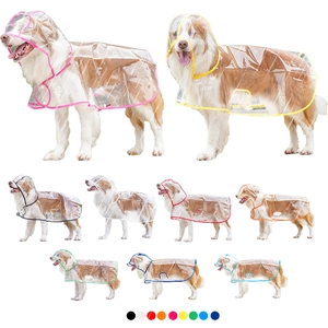 Detailed view of transparent PVC dog raincoats with multi-color trim for large breeds