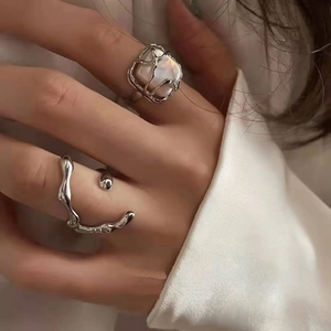 Irregular Liquid Metal Open Adjustable Rings Alloy Faux Artificial Pearl Thorn Heart Wing Gothic Punk Style For Women