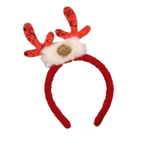 Red Christmas reindeer antler headband with sequins and plush trim on white background