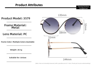 Detailed size specifications for metal round anti-blue light glasses with frame dimensions