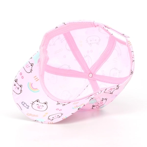 Detail showing the inner stitching, reinforced seams, and cartoon cat print of pink kid hat