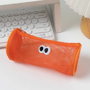 Orange mesh pencil case with cartoon eyes and large capacity for school stationery