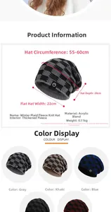Detailed size specifications for a winter plaid beanie with fleece lining measurements