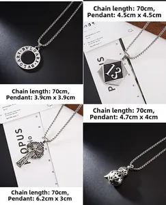 Detail of four hip-hop pendant styles including cross and numeric tags on long pearl chains