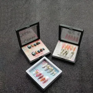 Square PE film press-on nail display box with transparent window and info cards