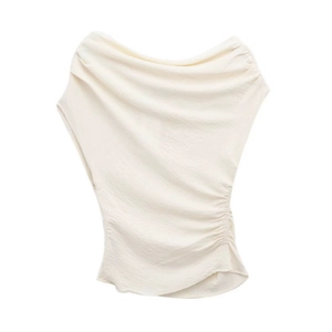 Chic off-shoulder cream white asymmetric top with draped neckline and side ruching