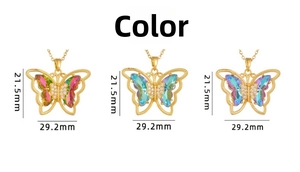 Detailed view of butterfly pendant necklaces in three colors with size 21.5mm and 29.2mm