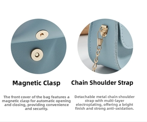 Detail of light blue crossbody bag with magnetic buckle and detachable gold chain strap