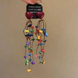 Ethnic multicolored beaded fringe earrings with a red heart-shaped stud in 925 silver