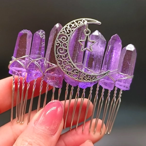 Handgefertigter Haarkamm mit lila Kristallen, Silbermond und Sternen für Brautschmuck