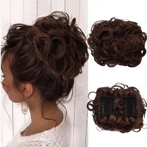 Detail view of brown curly hair bun extension with internal clip for messy bun styling