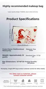 Cosmetic bag detail showing 17x25cm size specifications and gnomes print on linen fabric