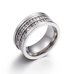 Classic titanium steel wide band ring featuring double-row crystal pavé settings for couples