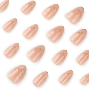 French cat-eye press-on nails with nude pink base, gold curved lines and almond shape