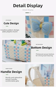 Detail of woven picnic bag showing blue bow, floral accents and sturdy reinforced bottom